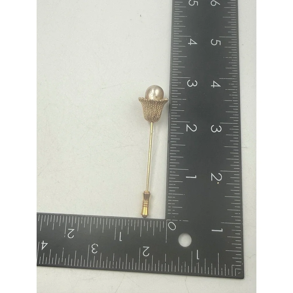 Vintage Faux Pearl Tulip Stick Pin Gold Tone Textured Floral Lapel Hat Pin